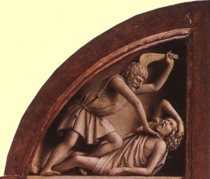 Cain murdering Abel - Jan van Eyck, Ghent Altarpiece.