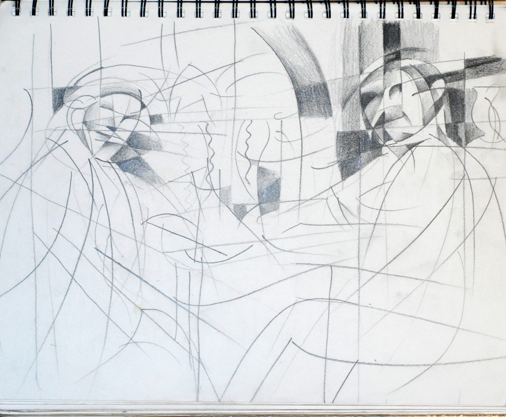"Cubist Card Players". Sketchbook drawing.